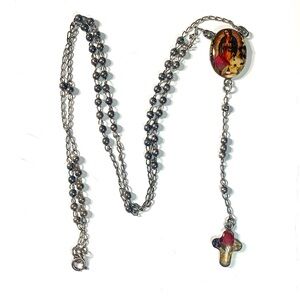 Silver Mexico Rosary Beads Chain 15” w/ Mini Cross & Guadalupe Medal Flowers